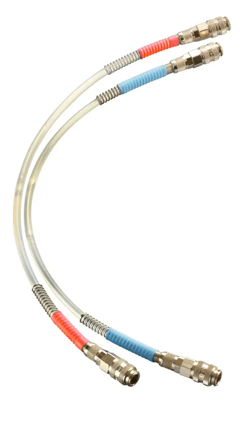 Oventrop Messschläuche in rot und blau mit metallischen Anschlussstücken, gekrümmter Verlauf, für den Anschluss an Heizungsanlagen.